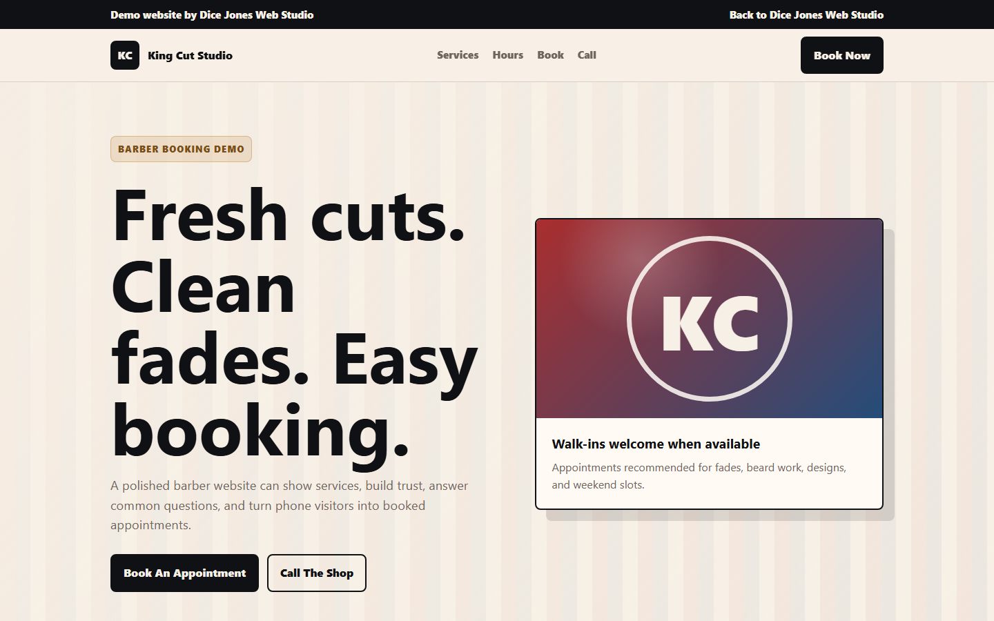 Screenshot of the barber booking website demo