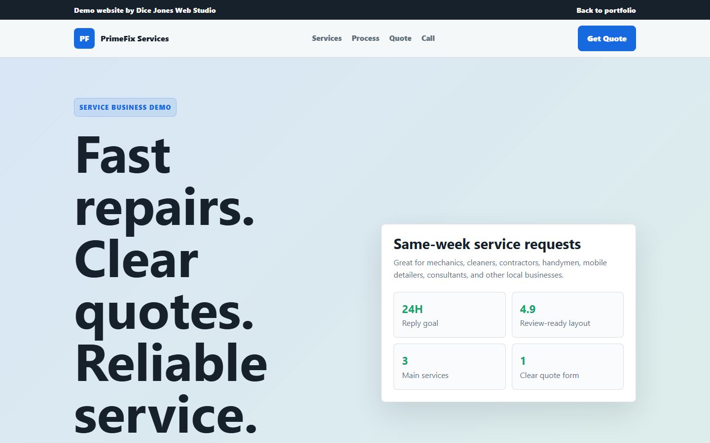 Screenshot of the service business website demo